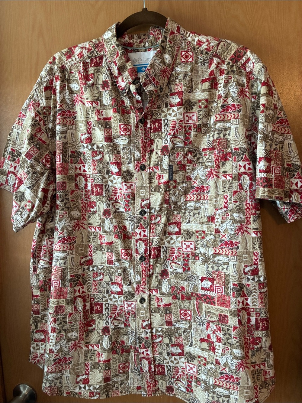 Columbia Men's Short-Sleeve Button-Down in Red, Beige & Brown Print